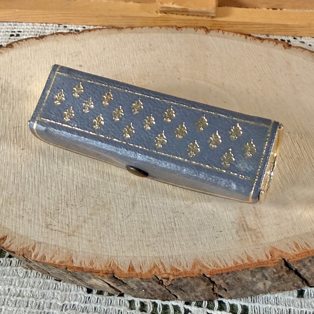 Brevettato Vintage Lipstick Case Mirror Gray Italian Leather Gold Filigree 60s